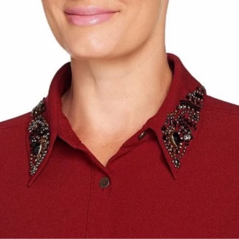 Susan Graver Artisan Stretch Woven Shirt w/ Embellishment Pebble Grey L A281176 - Picture 8 of 8
